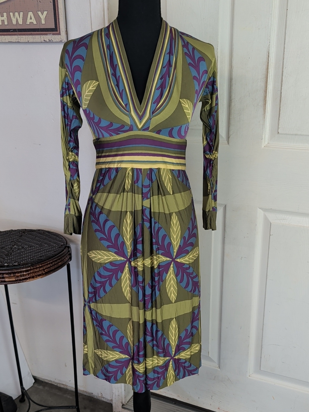 Philosophy Di Alberta Ferretti Silk Green Purple Leaf Geometric Dress Size 6